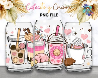 Cafecito y Chisme 16oz Can Glass, Pan Dulce PNG Hand Drawn Mexican Concha Libbey Beer Glass Can PNG Sublimation Digital Download
