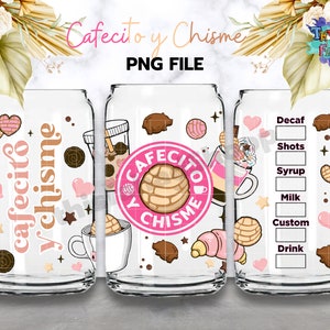 Cafecito y Chisme 16oz Can Glass, Hand Drawn Mexican Concha PNG Pan Dulce Libbey Beer Glass Can PNG Sublimation Digital Download