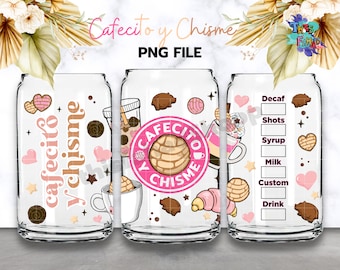 Cafecito y Chisme 16oz Can Glass, Hand Drawn Mexican Concha PNG Pan Dulce Libbey Beer Glass Can PNG Sublimation Digital Download