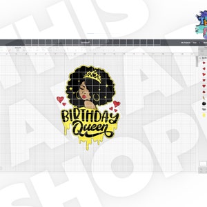 Puede incluir: Un dise&ntilde;o digital que presenta a una mujer negra con afro, usando una corona y un pendiente dorado. El texto "Birthday Queen" est&aacute; escrito en amarillo con efectos de pintura que gotean y corazones rojos.