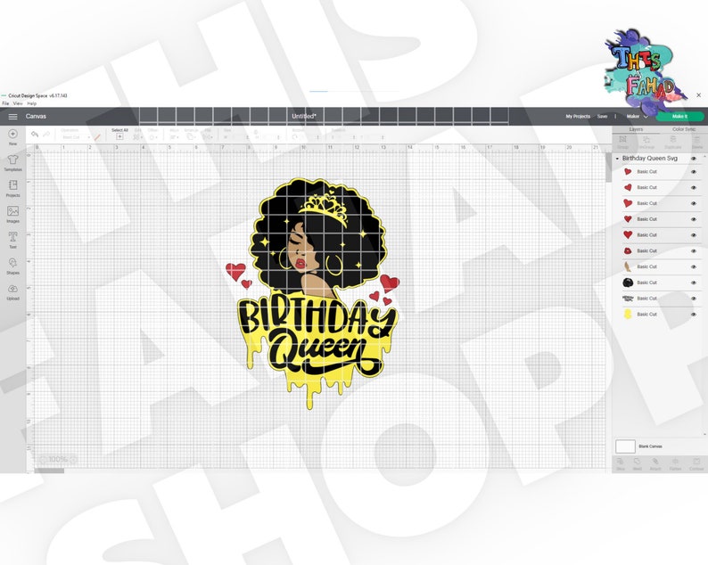 Puede incluir: Un dise&ntilde;o digital que presenta a una mujer negra con afro, usando una corona y un pendiente dorado. El texto "Birthday Queen" est&aacute; escrito en amarillo con efectos de pintura que gotean y corazones rojos.