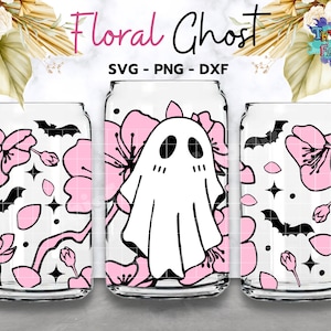 Floral Ghost Can Glass Wrap Svg, Halloween Can Glass Svg, 16 oz Libbey Full Wrap Svg Can Glass Wrap, Libbey Glass Svg Digital Download