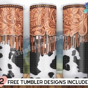 May include: Three sublimation designs for a tumbler featuring a brown leather pattern with fringe and a cowhide pattern. The text "12 FREE TUMBLER DESIGNS INCLUDED!" is at the bottom of the image.