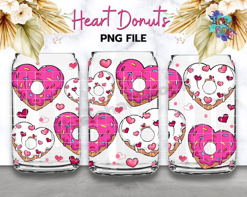 Heart Donuts Valentine 16oz Can Glass Design Valentine Coffee Etsy