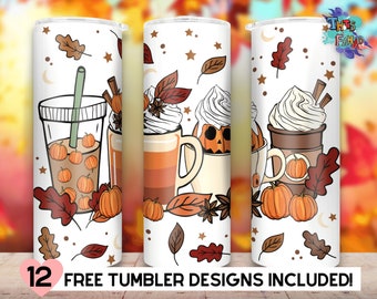 May include: Three white tumblers with fall-themed designs. Each tumbler features a different fall drink with whipped cream and autumn leaves. The text "12 FREE TUMBLER DESIGNS INCLUDED!" is at the bottom of the image.