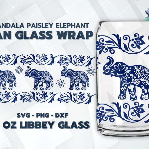 Paisley Mandala Elephant Can Glass Svg Elephant Mandala svg 16 oz Libbey Full Wrap Svg Can Glass Wrap, Libbey Glass Svg Digital Download