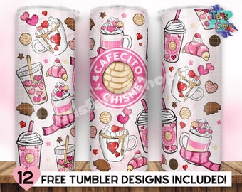 Pink Valentine Cafecito y Chisme 20oz Skinny Tumbler, Mexican Concha PNG Sublimation Straight & Tapered Tumbler PNG File Digital Download
