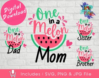 One in a melon family bundle Svg, Watermelon Svg, Summer Svg, Summertime Svg, Watermelon Shirt Design, Cricut Cut file Digital Download