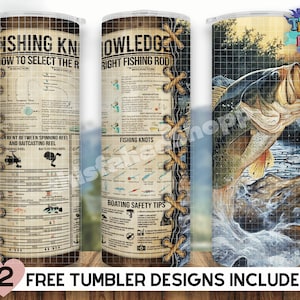 May include: A fishing themed tumbler design featuring a largemouth bass leaping from the water. The tumbler has a brown background with a white rope design. The tumbler also includes a guide to fishing knots, how to select the right fishing rod, and the difference between spinning and baitcasting reels.