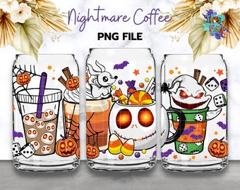 Nightmare Coffee 16oz Can Glass, Scary Movie Autumn Cozy PNG Nightmare Before Coffee Libbey Beer Glass Can PNG Sublimation Digital Download