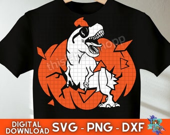 Halloween Dinosaur Svg, T-Rex with Pumpkin Svg, Spooky Saurus Rex, Baby Kids Shirt Design svg Files For Cricut Sublimation Download