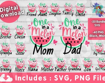 One in a melon family bundle Svg, one in a melon first birthday, Watermelon Svg, Watermelon Shirt Design PNG files for black and white shirt