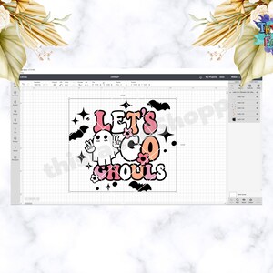 May include: A digital design featuring a ghost with the text "Let's Go Ghouls" in pink, orange, and black lettering. The design is perfect for Halloween crafts and projects.