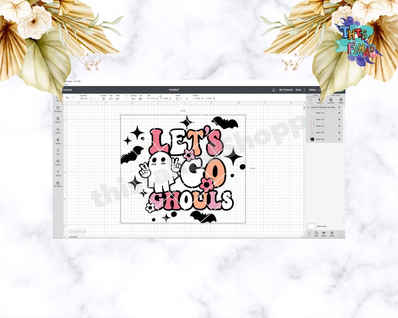 May include: A digital design featuring a ghost with the text "Let's Go Ghouls" in pink, orange, and black lettering. The design is perfect for Halloween crafts and projects.
