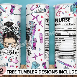 Puede incluir: Un vaso blanco con un diseño rosa, azul y blanco que presenta a una mujer con un estetoscopio, un corazón y el texto "#nurselife". El otro lado del vaso tiene una etiqueta de información nutricional para "NURSE" con una lista de habilidades y cualidades, que incluyen "Trabajo duro", "Habilidades inigualables", "Composure", "Empatía", "Dedicación", "Cuidado", "Sueño", "Cafeína" y "Sonrisa".