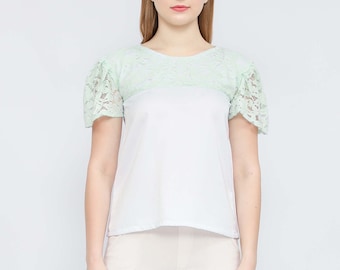 Green Lace White Top