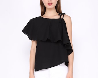 One Shoulder Ruffle Tie Asymmetric Top