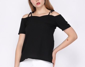 Tie Off Shoulder Black Top