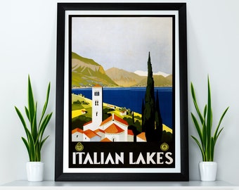 Italian Lakes Travel Poster Illustration Print Wall Hanging Decor A4 A3 A2