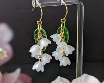 Frosty Lily of the Valley Dangle Earrings (Gold tone) / Gift Box included / Cottage core, Fairycore Drop Earrings