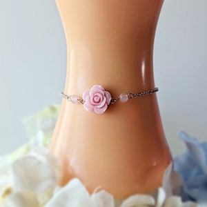 Dainty Pink Rose Bracelet or Anklet:  &lt;Silver tone&gt; Stainless Steel Chain w Gift Box