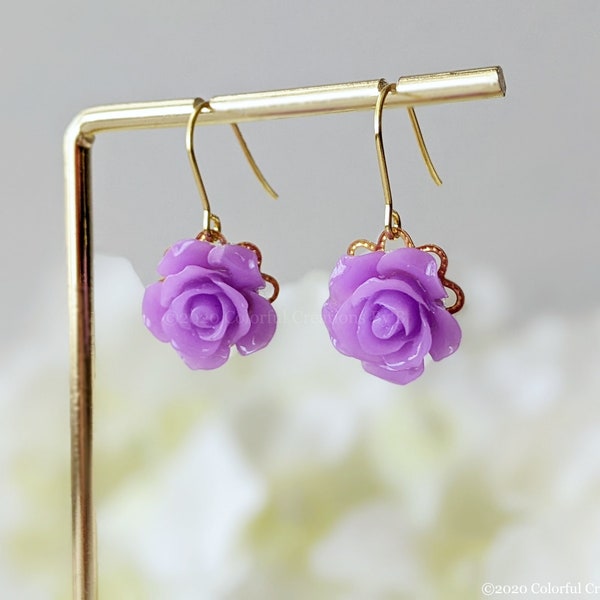 Dainty Purple Rose Dangle Earrings / Purple Rose with Gold Leaf Dangle Earrings/ Small Gift Box and Bag included