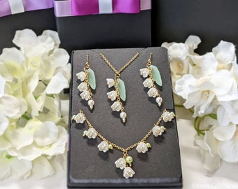 3-Piece Set / Pearl White Lily of the Valley Dangle Earrings, Necklace and Bracelet Set (Gold tone) /  Includes Gift Box and Little Bag