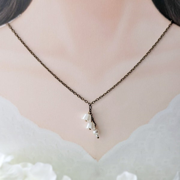 Antique Bronze Lily of the Valley Necklace (18 inch+ extension chain) / Includes Gift Box / Cottage core, Fairycore Necklace