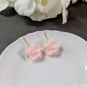Dainty Baby Pink Rose Dangle Earrings / Pink Rose with Gold Leaf Dangle Earrings/ Small Gift Box and Bag included