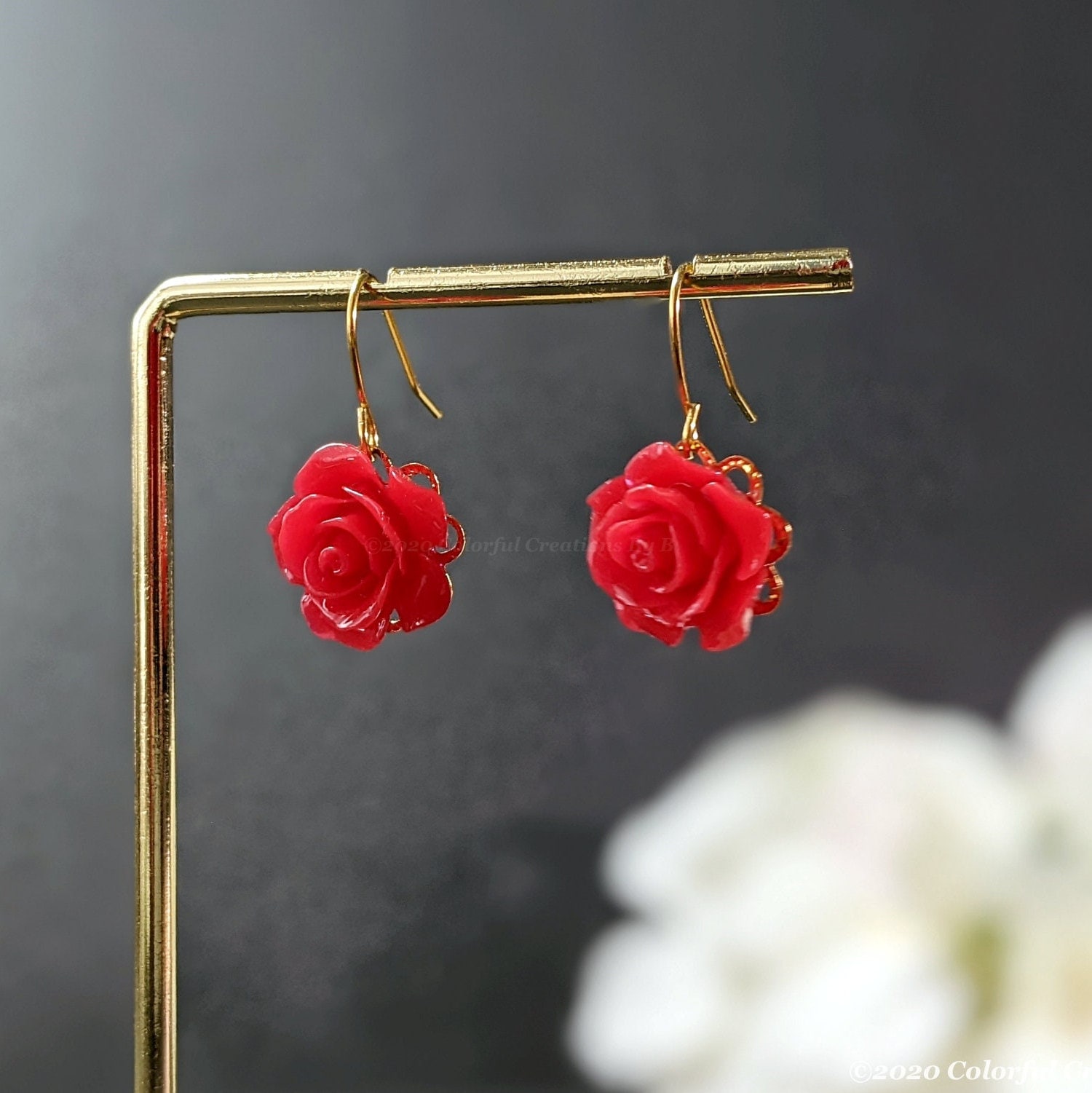 Dainty Red Rose Dangle Earrings / Red Rose With Gold Leaf