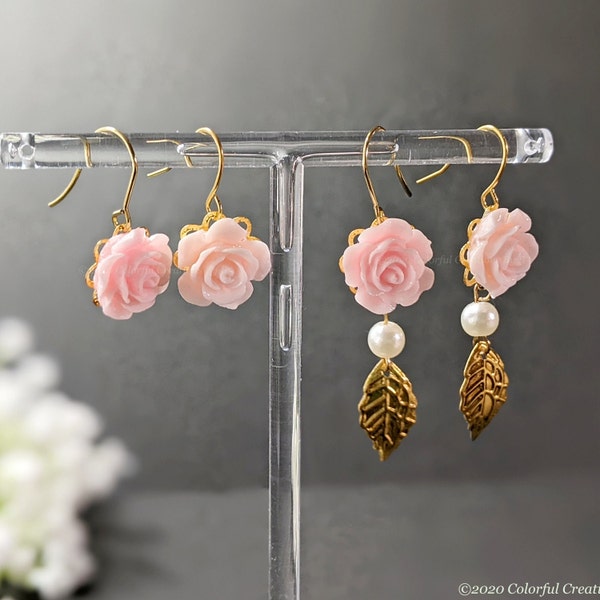 Dainty Baby Pink Rose Dangle Earrings / Pink Rose with Gold Leaf Dangle Earrings/ Small Gift Box and Bag included