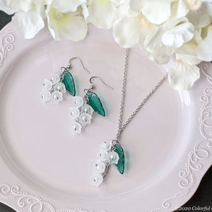 Lily of the Valley Necklace and Earrings Set: &lt;Frosty Lily / Silver tone&gt; Gift Box included