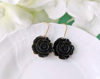 Dainty Black Rose Dangle Earrings / Black Rose with Gold Leaf Dangle Earrings/ Small Gift Box and Bag included