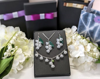 3-Piece Set / Frosty Lily of the Valley Dangle Earrings, Necklace and Bracelet Set (Silver tone) /  Includes Gift Box and Little Bag