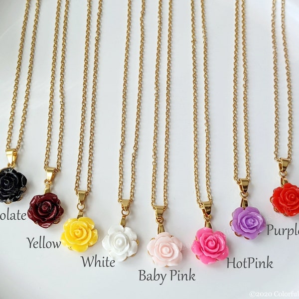 Dainty Rose Necklace / Includes Mini Gift Box / Red, Black, Chocolate, Purple, White, Baby Pink, Hot Pink, Yellow Rose