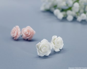 Dainty Rose Stud Earrings / 3D Resin White Rose, Pink Rose Flower Earrings / Small Gift Box and Bag included