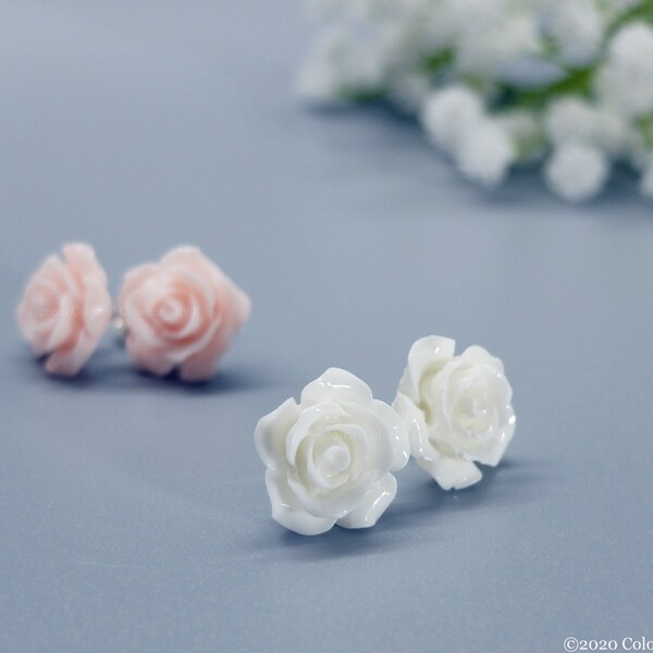 Dainty Rose Stud Earrings / 3D Resin White Rose, Pink Rose Flower Earrings / Small Gift Box and Bag included