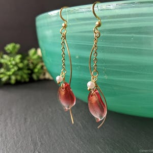 Rose Petal Lampwork Glass Dangle Earrings: Gold Tone Swing Earrings