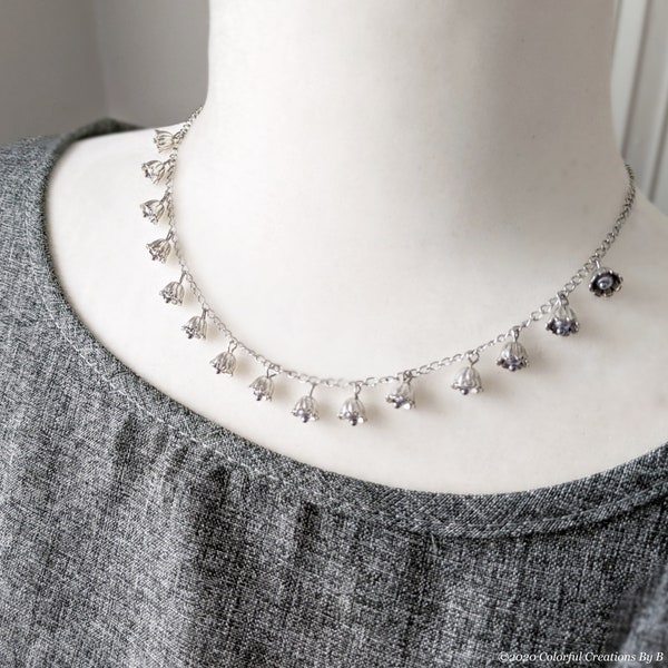 Antique Silver Color Lily of the Valley Flower Choker Necklace (16 inch + extension chain) / Includes Gift Box / Cottage core, Fairycore