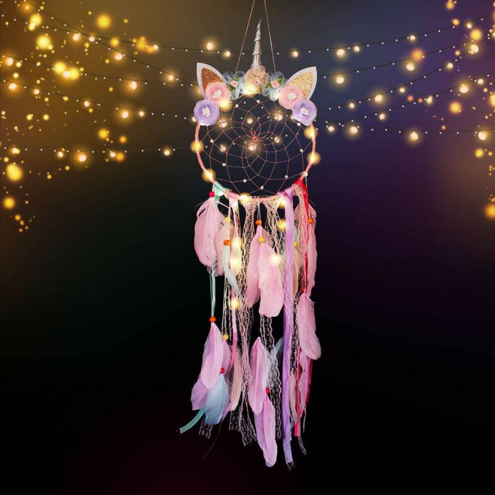 Unicorn Dream Catcher With LED Lights Colorful Feather Flowers Etsy