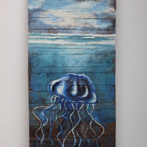 Hand-painted Jellyfish in the Ocean on Reclaimed Pallet Wood