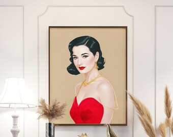 Dita Von Teese Wall Wall Art Print Poster, Vintage Retro Glam, Dita Von Teese Painting, Vintage Lovers Gift, Retro Style Art