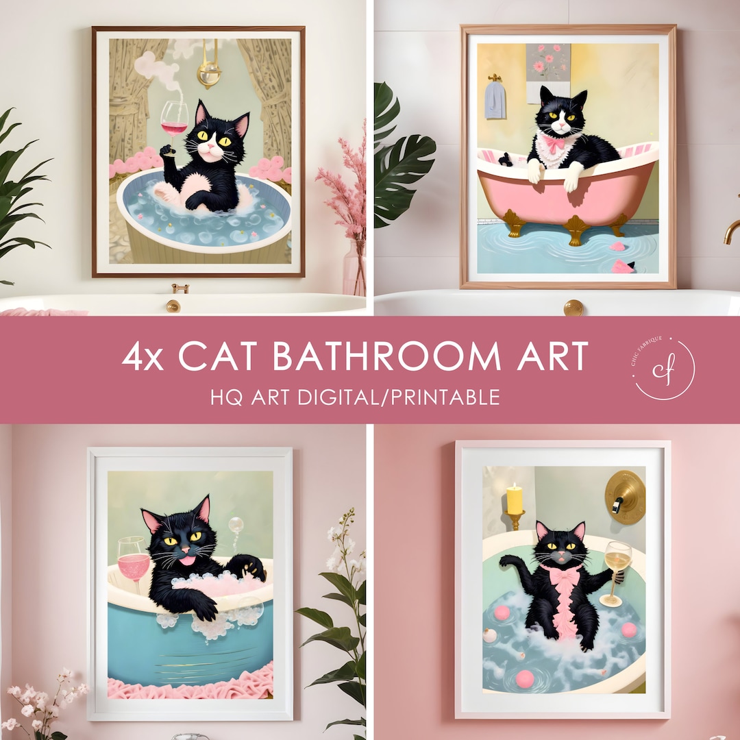Funny Cat Bathroom Decoration, Cat Lover Wall Art Bundle, Black Cat ...