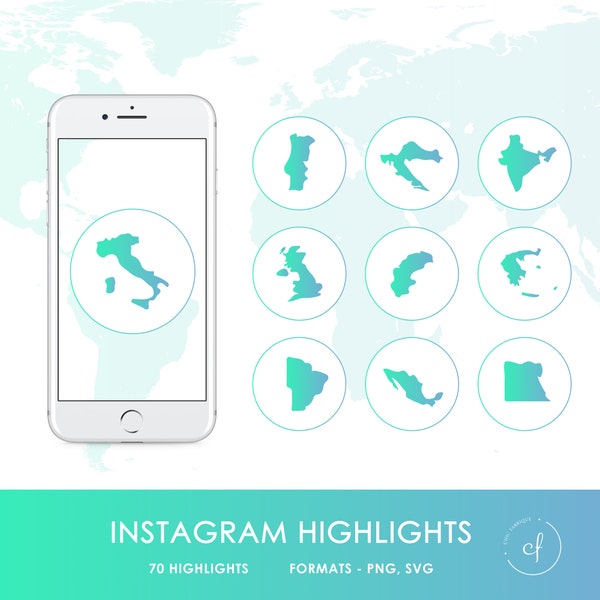 Instagram Story Highlight Icons - Green Story Covers - 70 Countries Icons Ready To Use, Vector SVG, PNG, Geographical, Travel Influencer