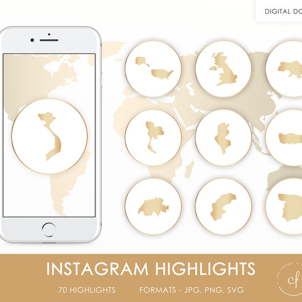 Instagram Story Highlight Icons  - Instagram Story Covers - Country icons,travel icons, geographic gold icons for travelers, vacation