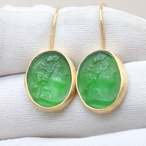 Green Intaglio Glass Apollo Earrings, Handmade 925 Sterling Silver Jewelry, Ancient Coin Style Dangle Earrings, Unique Gift For Her