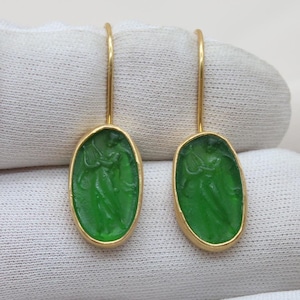 Apollo Earrings, Handmade Intaglio Glass Jewelry, Greek Mythology Gold-Plated Sterling Silver, Ancient Coin Style Gift For Her, Mother’s Day