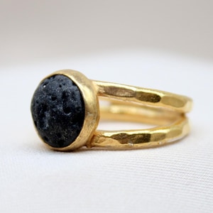 Handmade 925k Silver Lava Stone Double Band Ring