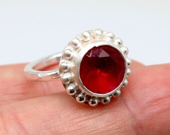 Handmade Ruby Sterling Silver Ring: Beaded Gemstone