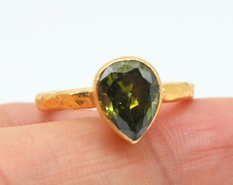 Drop Peridot Ring Solid Solitaire 925K Sterling Silver Ring Minimalist Ring  Bridesmaid Gift  Handmade Ring Gold Vermeil Green Stone Ring